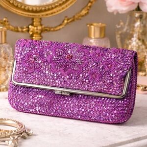 🌸 Vintage Hand-Beaded Sequin Clutch – Orchid Bloom 🌸